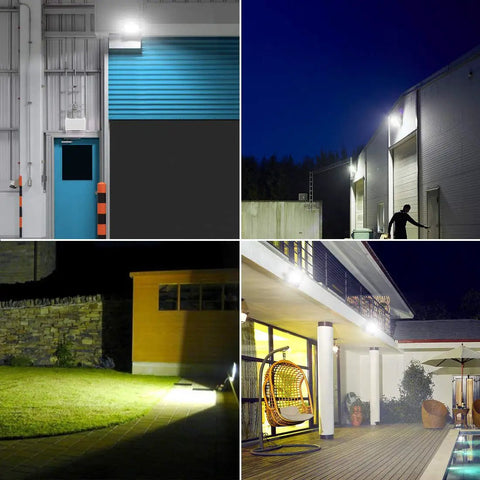 150W LED Flood Light Outdoor 15000 Lumens Crazy Bright Security Lights illuminating warehouse, yard, and poolside areas.