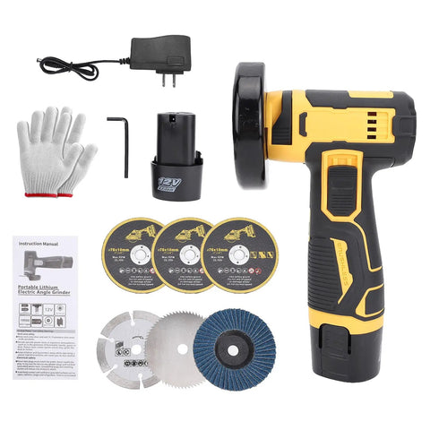 Cordless 21V Mini Handheld Angle Grinder Kit with 2 rechargeable batteries, quick change spindle lock, six discs, and accessories.