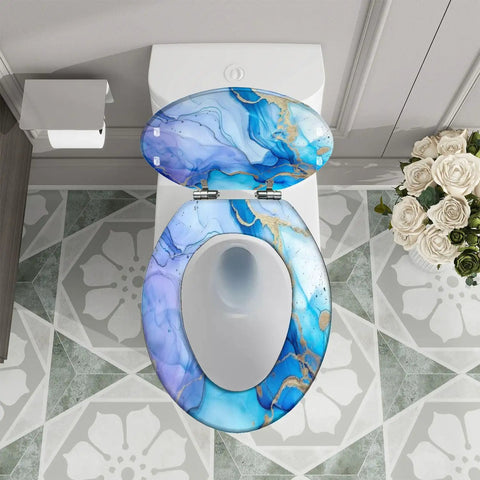 Toilet Seat Cover Elongated Quiet Close for Bathroom in blue and gold marble design above white toilet with flowers.