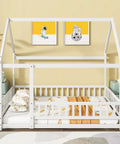 White rubber wood floor bed with roof frame and safety guardrails for playful kids rooms, loft style for imaginative sleep