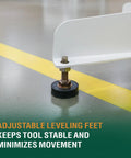 Adjustable Bench Grinder Stand Pedestal With Pre Drilled Mounting Platform Height Flexible Rolling Shop Cart Roll It Anywhere Built Tough Foundation Dial In Your Position Zero Fuss Workshop Rig with adjustable leveling feet on concrete floor.