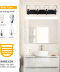 Four Light Modern Farmhouse Vanity Light With Clear Hammered Glass Shades In Black Finish above bathroom mirror