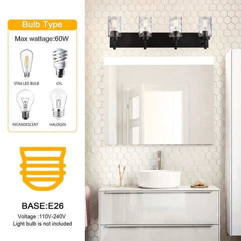 Four Light Modern Farmhouse Vanity Light With Clear Hammered Glass Shades In Black Finish above bathroom mirror