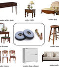 3/4 Inch Screw On PTFE Teflon Furniture Glides for Wooden Furniture, shown with screws and furniture examples; 20 Pack