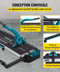 Front view: Mophorn 48-inch manual tile cutter with teal ergonomic handle and dual steel rails on black base.