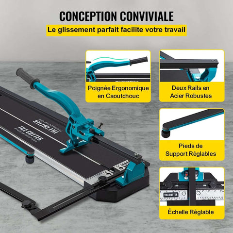 Front view: Mophorn 48-inch manual tile cutter with teal ergonomic handle and dual steel rails on black base.
