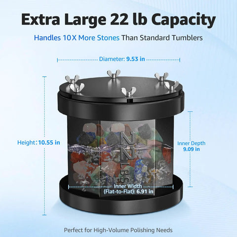 Extra Large 22lb Capacity Rock Tumbler With Brushless Motor And Metal Base with dimensions and filled with stones