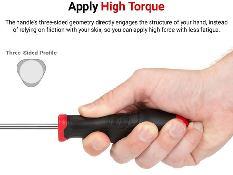 Hand holding High-Torque Black Oxide Blade Screwdriver Set, 16-Piece with three-sided handle for maximum power.