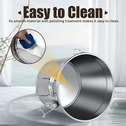 Big Beefy Stainless Steel Airtight Food Storage Bucket With Heavy Duty Locking Clamps Keeps Grains Rice Cereal Coffee Beans And Pantry Staples Fresh As Day, showing easy cleaning with smooth interior surface.