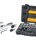 Super Handy 42 Piece Metric Ratcheting Tap And Die Set Makes Threading A Breeze With Reversible Handles, displayed open with accessories.