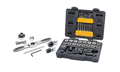 Super Handy 42 Piece Metric Ratcheting Tap And Die Set Makes Threading A Breeze With Reversible Handles, displayed open with accessories.