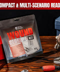 Front view of Rhino Rescue Wound Closure Kit in a silver pouch with red WOUND label