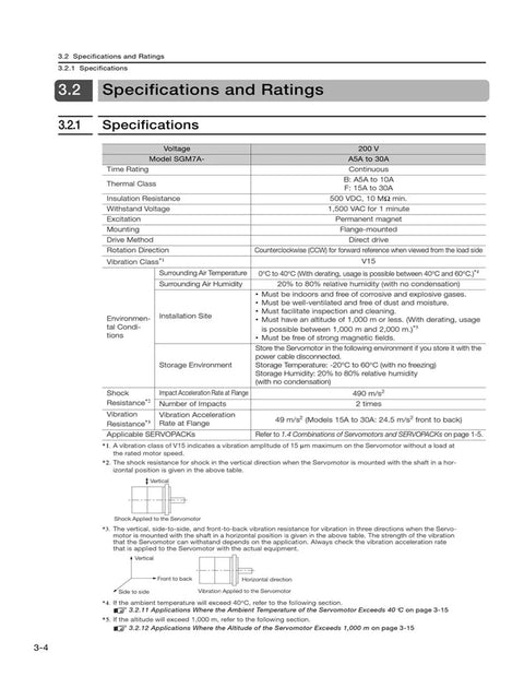 CHUNYE Sigma-7 SGM7A servo motor specifications sheet page showing 200 V ratings and mounting details