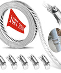 DIY Cut To Fit 10 Ft Hose Clamp Kit With 5 Fasteners, 304 Stainless Steel Worm Gear Band Clamps shown with circular and mounted details