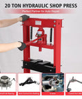 20 Ton Hydraulic Shop Press For Car Repair And Garage Use, red H frame with dual press plates, steel construction