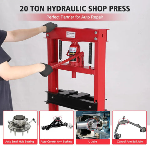 20 Ton Hydraulic Shop Press For Car Repair And Garage Use, red H frame with dual press plates, steel construction