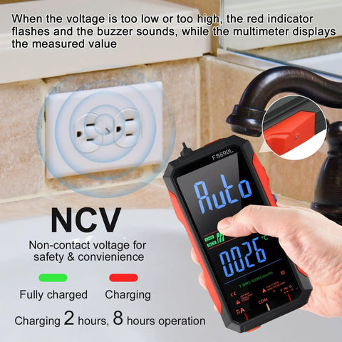 Pro Grade Digital Multimeter With Color Backlit Display And USB C Rechargeable Battery illustrating NCV feature near outlet