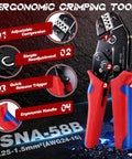 Ergonomic crimping tool with red handles, adjustable compression, and simple readjustment features on black background.