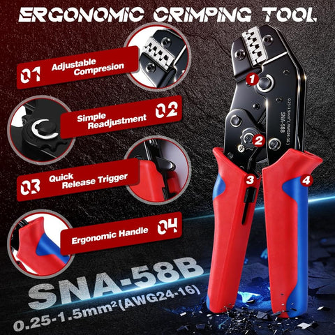 Ergonomic crimping tool with red handles, adjustable compression, and simple readjustment features on black background.