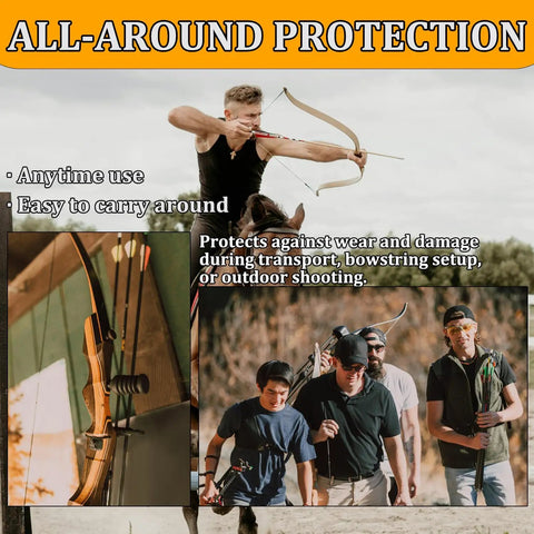 Man aiming recurve bow; inset shows 2 Pack Recurve Bow Tip Protectors for recurve and longbows, durable tip guards in use