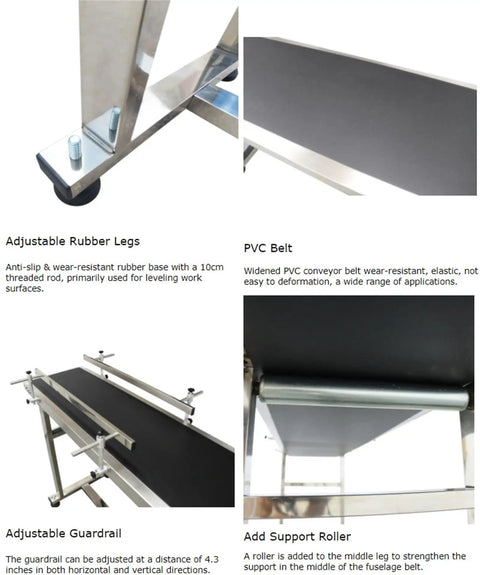 110V PVC Belt Conveyor With Double Guardrail 177 Inch Length 15.7 Inch Width Stainless Steel Belt Anti Static Design Adjustable Speed Heavy Duty Industrial Conveyor For Material Transport showing rubber legs, PVC belt, guardrail, and support roller details.