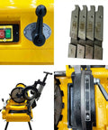 Heavy Duty 750 Watt Electric Pipe Threader Machine showing controls and cutting tools for threading half to four inch pipes.