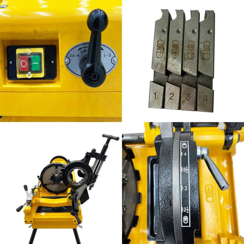 Heavy Duty 750 Watt Electric Pipe Threader Machine showing controls and cutting tools for threading half to four inch pipes.