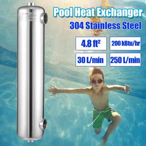 Heavy-Duty Stainless Steel Pool And Spa Heat Exchanger For Outdoors And Solar Heating, 200 kBtu, Same-Side Port, 1 In And 1 In NPT Fittings