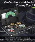 Open case of Pro Grade Oxygen And Acetylene Welding Torch Kit With Portable Cutting Tool Set 17 Piece Includes Hoses Goggles 3 Rods.