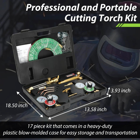 Open case of Pro Grade Oxygen And Acetylene Welding Torch Kit With Portable Cutting Tool Set 17 Piece Includes Hoses Goggles 3 Rods.