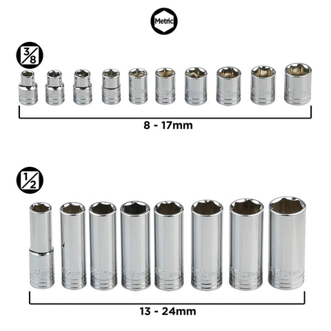 Pro Grade Deep Socket Set For Three Eighths And One Half Inch Drive, 45 Piece SAE And Metric, Chrome Vanadium Steel, Metric Sizes
