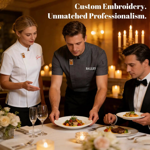 Premium Heavy Duty Cotton Blend Custom Embroidered Short Sleeve Chef Jacket For Cooks Featuring A Sleek Black Cut Hella Breathable Mesh Panels And Pro Kitchen Grind Workwear Fit worn by chefs in a fine dining setting.