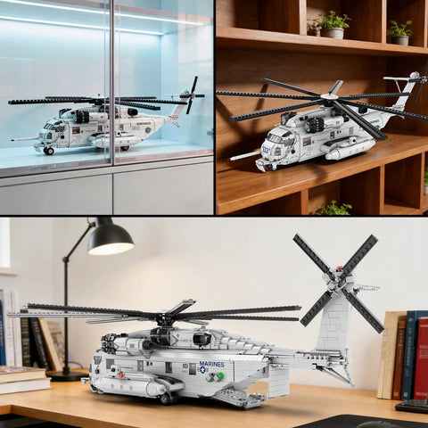 CH-53 Transport Helicopter Model Kit For Adults displayed in cabinet, bookshelf, and office desk settings, detailed military aircraft model.