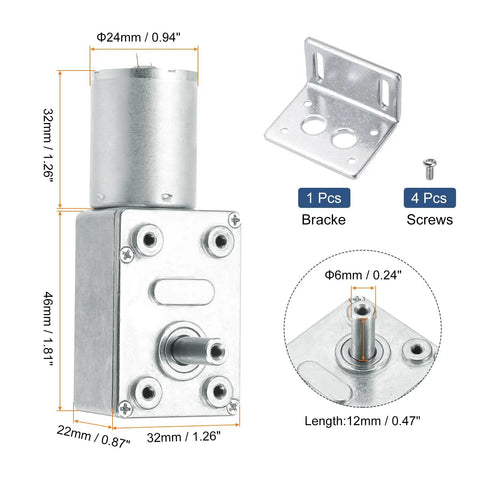 12V DC Worm Gear Motor Reducer with 6 RPM Reversible Drive and Beefy High Torque Gear Box 6mm D Shaft with Fixing Bracket