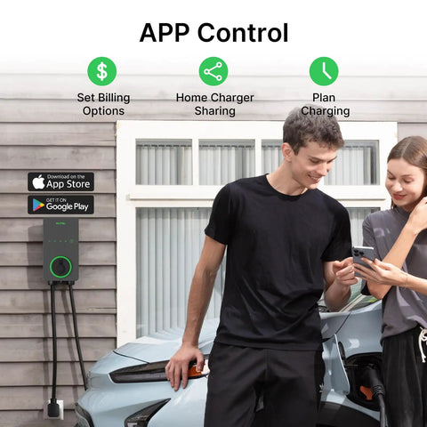 Level 2 Home EV Charger 40 Amp With Smart AI Tech, Wi Fi And Bluetooth EVSE with app control, outdoor setup, and users interacting.