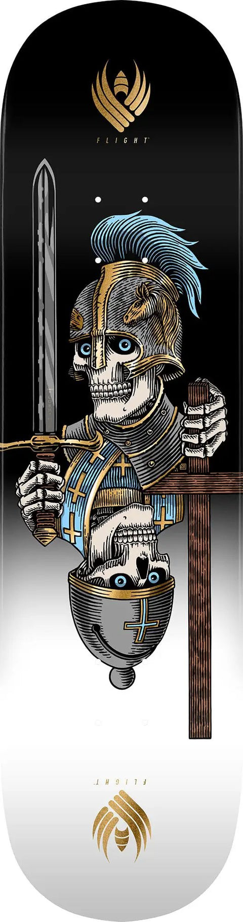 Dan Corrigan Chess Skulls Flight Skateboard Deck Gold Foil 8.42 Inches By 31.88 Inches with a chess-themed skull design