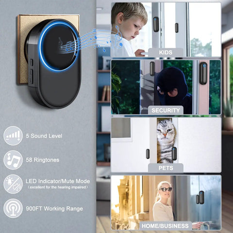 Wireless Door Open Sensor Alarm With 600 Ft Range 58 Chimes 5 Volume Levels And LED Indicators Plug And Play Setup For Home Office Store Security Alert For Kids And Pets Pings On Entry Perfect Door Chime For Any Entryway