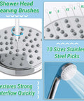Illustration of Shower Head Revival All In One Cleaning Kit with 50 ultra-fine nylon brushes and 20 surgical steel picks for unclogging nozzle buildup.