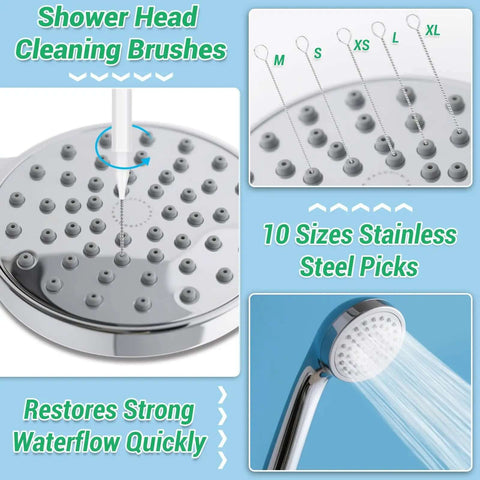 Illustration of Shower Head Revival All In One Cleaning Kit with 50 ultra-fine nylon brushes and 20 surgical steel picks for unclogging nozzle buildup.