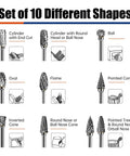 Ten-piece carbide burr bits set for Dremel 1/8-inch rotary tool; assorted shapes including ball, cone, flame, oval, inverted cone.