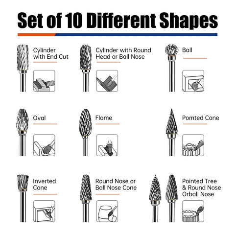 Ten-piece carbide burr bits set for Dremel 1/8-inch rotary tool; assorted shapes including ball, cone, flame, oval, inverted cone.