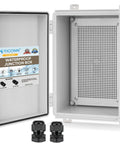 Open Outdoor Electrical Box Waterproof IP67 ABS Enclosure with Hinged Cover and Mounting Plate, showing cable glands