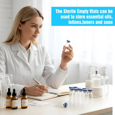 Glass empty vials, 5ml, 12-pack with blue caps for liquid sample storage