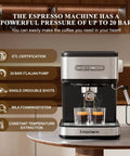 Kick Your Daily Coffee Grind Up With This Pro Stainless Steel Espresso Machine Slingin Bold Shots At 20 Bar Pressure For Rich Crema And Creamy Cappuccinos Using A Smart Dual Filter Setup. Espresso machine brewing coffee with dual shots.