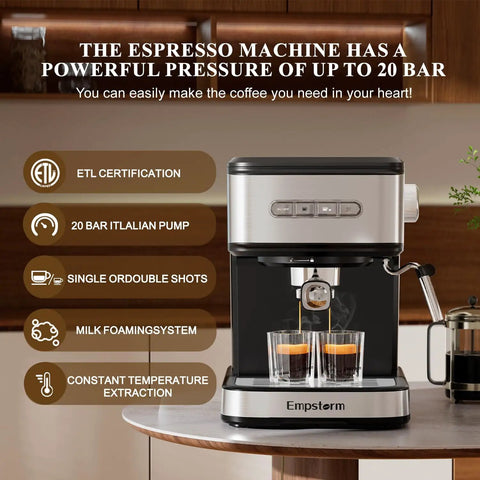 Kick Your Daily Coffee Grind Up With This Pro Stainless Steel Espresso Machine Slingin Bold Shots At 20 Bar Pressure For Rich Crema And Creamy Cappuccinos Using A Smart Dual Filter Setup. Espresso machine brewing coffee with dual shots.