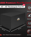 600D premium heavy-duty fire pit cover with 48 x 28 x 24 inches dimensions, waterproof and windproof, fits 45 to 48 inch pits.