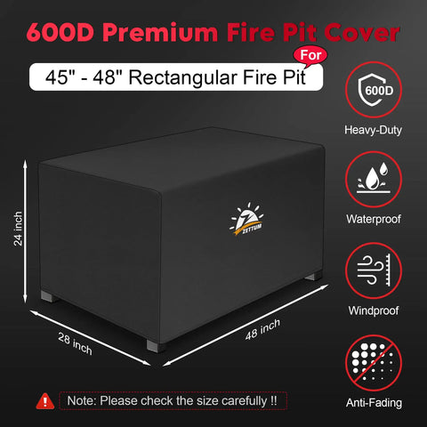 600D premium heavy-duty fire pit cover with 48 x 28 x 24 inches dimensions, waterproof and windproof, fits 45 to 48 inch pits.