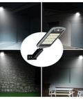 Lit Up Solar Flood Lights Outdoor With 168 LED 6500K Dusk Till Dawn Eight Sided Motion Sensor mounted on building at night