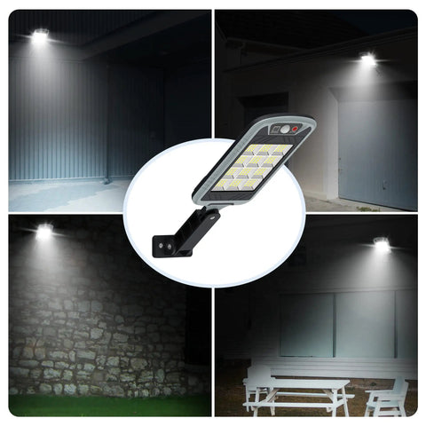 Lit Up Solar Flood Lights Outdoor With 168 LED 6500K Dusk Till Dawn Eight Sided Motion Sensor mounted on building at night