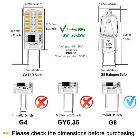 G8 Led Bulb Dimmable 3W Equivalent To 20W-25W Halogen T4 Jcd Bi-Pin Base 120V Warm White 3000K size comparison chart